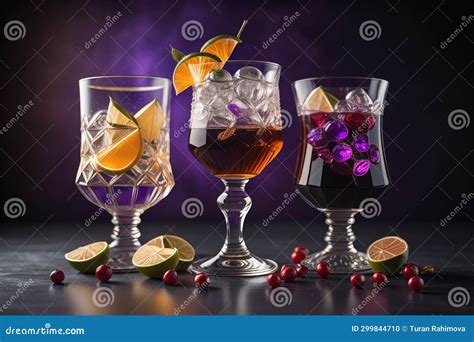 Three Glasses Of Alcoholic Cocktails With Ice Cubes Orange And