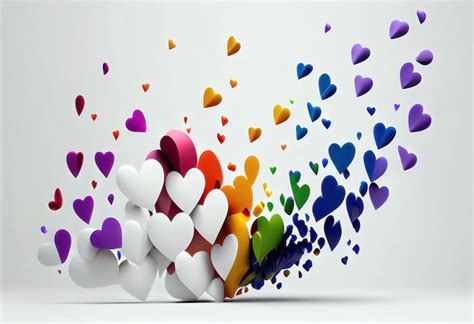 Ilustración 3d de muchos corazones del orgullo gay cayendo sobre fondo