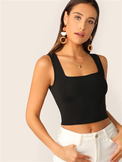 Square Neck Ribbed Crop Tank Top Shein Usa Denim Tank Top Black Crop Top Tank Strappy Crop