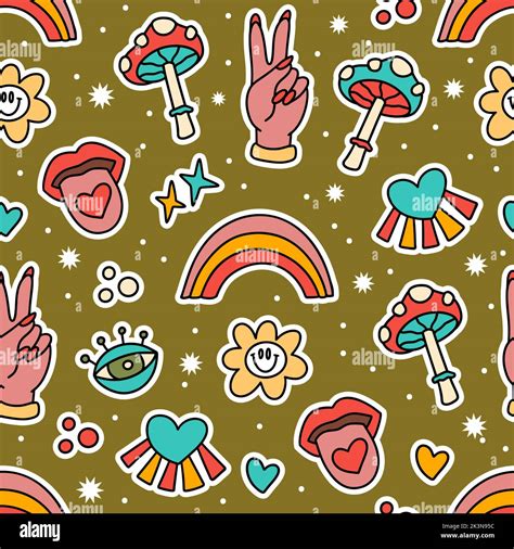 Cute Cartoon Groovy Rainbow Sticker Vector Seamless Pattern Hippie