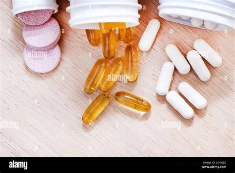 Different Vitamins And Supplements For Healthy Lifestyle Stock Photo