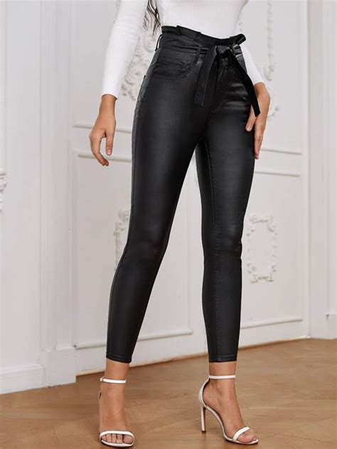 Shein Essnce High Waist Belted Leather Look Skinny Jeans Shein Usa