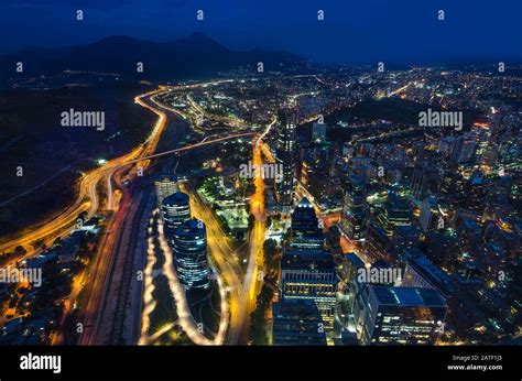 Panoramic night city view from the Gran Torre Santiago in Santiago de ...