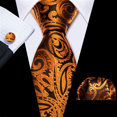 Barry Wang Brown Black Paisley Silk Men Tie Handkerchief Cufflinks Set