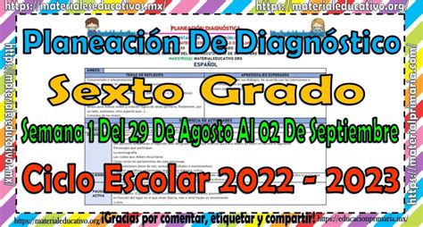 Planeación De Diagnóstico Del Sexto Grado De Primaria De La Primera Semana De Clases Del 29 De