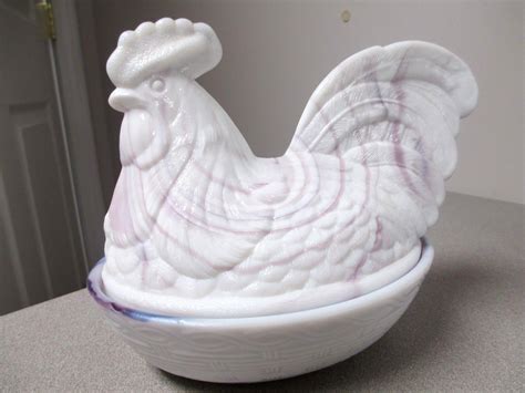 Fenton Large Purple Slag Milk Glass Rooster Hen Chicken On Nest White Lavender Antique Price