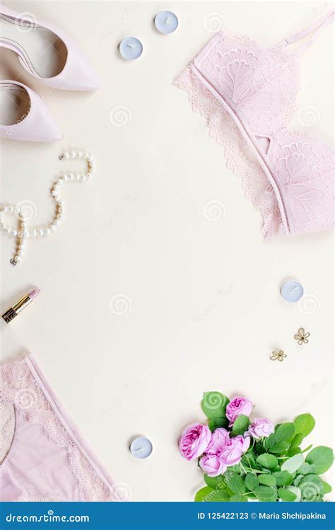 Woman Elegant Pink Lace Bra And Panties Pumps And Jewelry Stylish Lingerie Flat Lay Stock