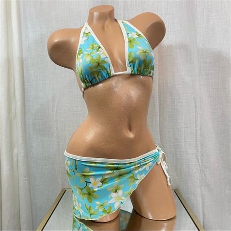 Blue And Green Floral Bikini Set Size Depop