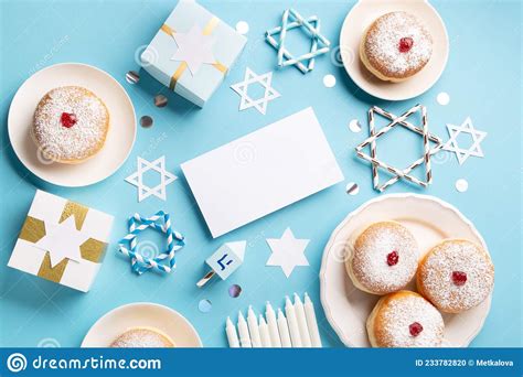 Jewish Holiday Hanukkah Concept Hanukkah Sweet Doughnuts Sufganiyot Traditional Donuts With