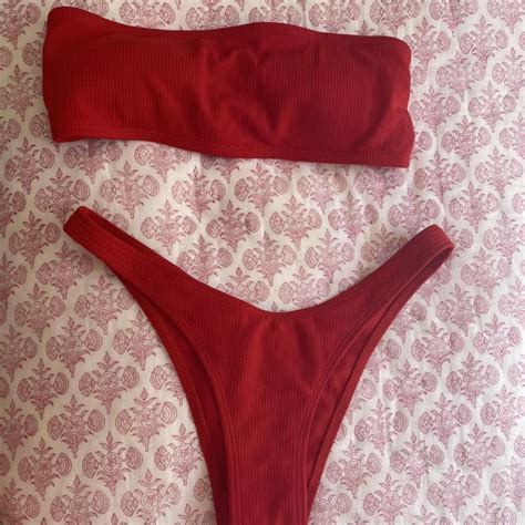 Red Ribbed Bandeau Bikini With Tie Back Cheeky Depop