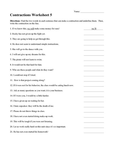 Free Contractions Worksheets