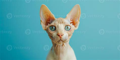 Curious Sphynx Cat With Startling Blue Eyes On A Blue Background