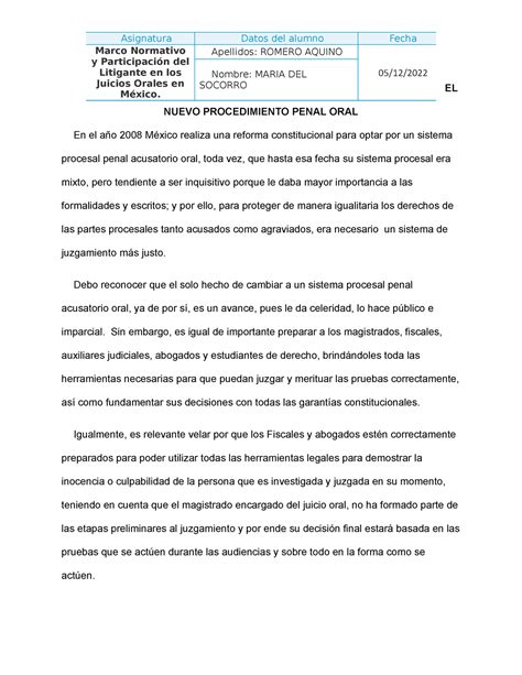 Ensayo El Nuevo Procedimiento Penal Oral El Nuevo Procedimiento Penal