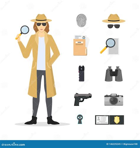 Cartoon Character Female Detective And Icon Set Vector Stock Vector