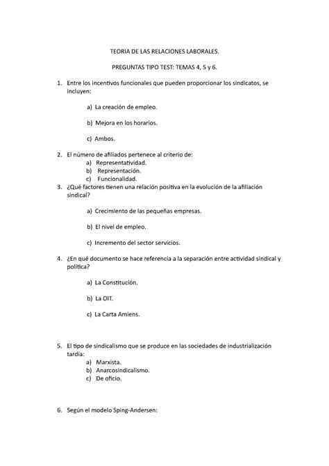 Examen Preguntas Teoria De Las Relaciones Laborales Preguntas