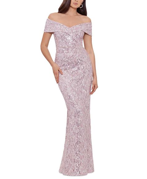 Xscape Womens Sequined Lace Off The Shoulder Gown Macys