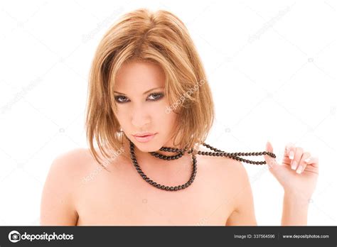 Beautiful Naked Woman Black Beads White Stock Photo