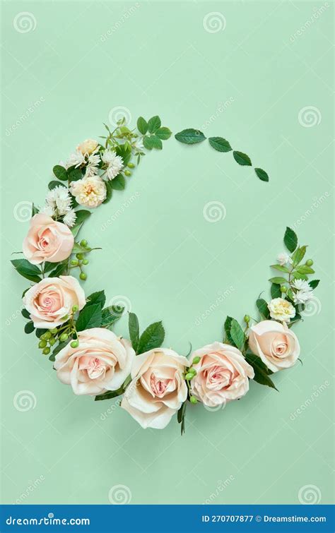 Roses Pink Flowers And Green Leaves Circle On Mint Floral Background