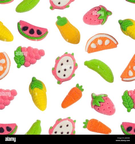 Seamless Pattern Of Fruit And Vegetable Shaped Gummy Candy Isolated On