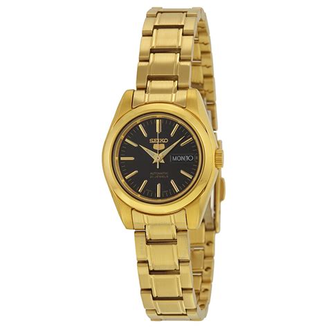 Seiko 5 Automatic Black Dial Gold Tone Ladies Watch Symk22 4954628145000 Watches Seiko 5