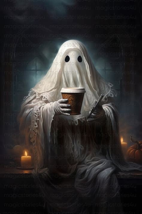 Ghost With Coffee Printable Wall Art Halloween Art Print Etsy