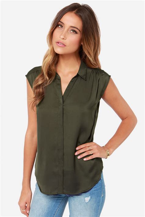 Button Up Top Olive Green Top Sleeveless Top 4200 Lulus