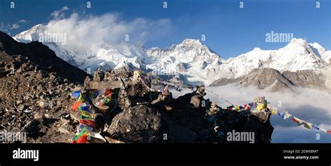 Panoramic View Of Mount Cho Oyu And Mount Gyachung Kang With Prayer