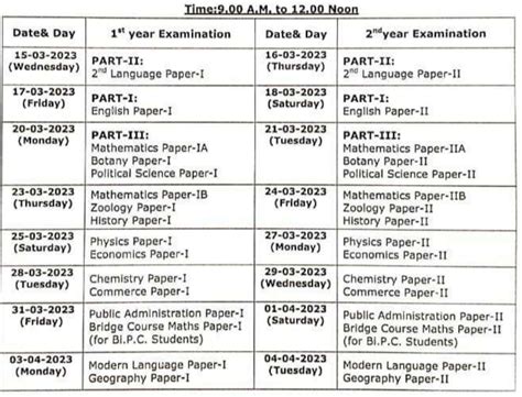 TS Inter 2nd 12 Months Time Desk 2023 OUT Board Examination Date Sheet