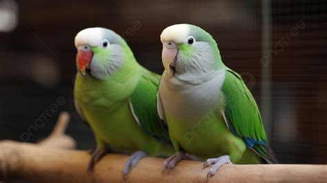 Two Green Parrots Sat On A Branch Background Pictures Of Quaker