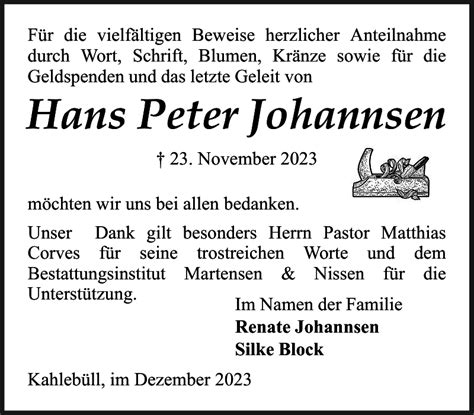 Hans Peter Johannsen Danksagung Husumer Nachrichten