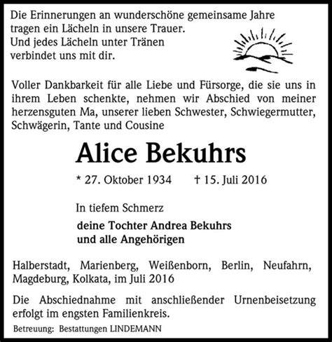 Traueranzeigen Von Alice Bekuhrs Abschied Nehmen De