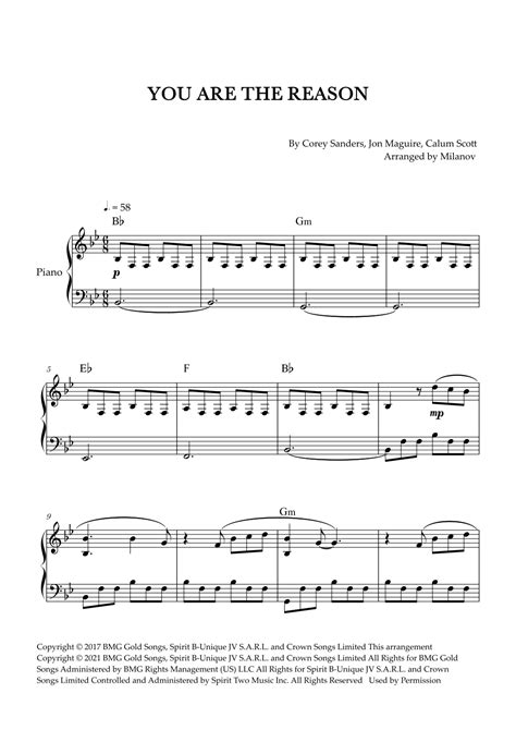 You Are The Reason Arr Milanov By Calum Scott Sheet Music For Piano