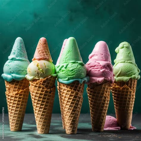 Multiple Ice Creams Cones With Scoops Of Natural Organic Bio Ice Cream