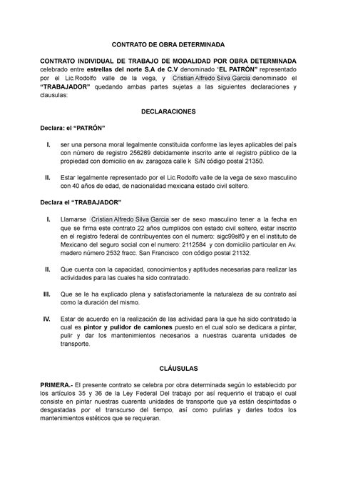 Contrato Individual De Trabajo Por Obra Determinada Definicion Page