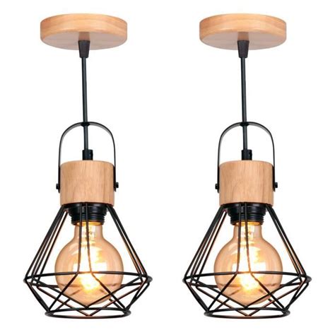 2 Pack Lustre Moderne en Métal Bois E27 Suspension Design Diamant Lampe