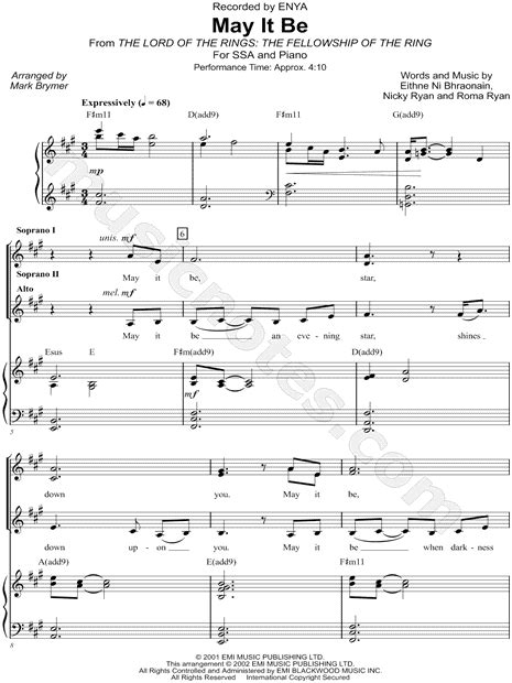 Enya May It Be Arr Mark A Brymer Ssa Choir Piano Choral Sheet Music In F Minor