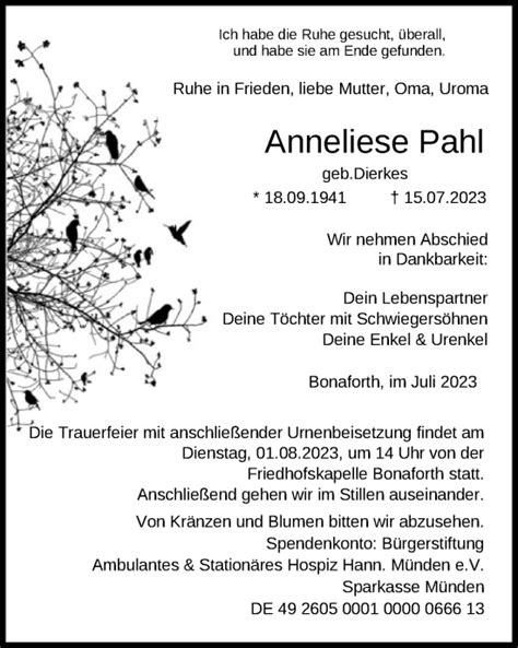 Traueranzeigen Von Anneliese Pahl Trauer HNA De