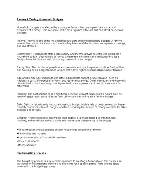 Factors Affecting Household Budgets - Factors Affecting Household