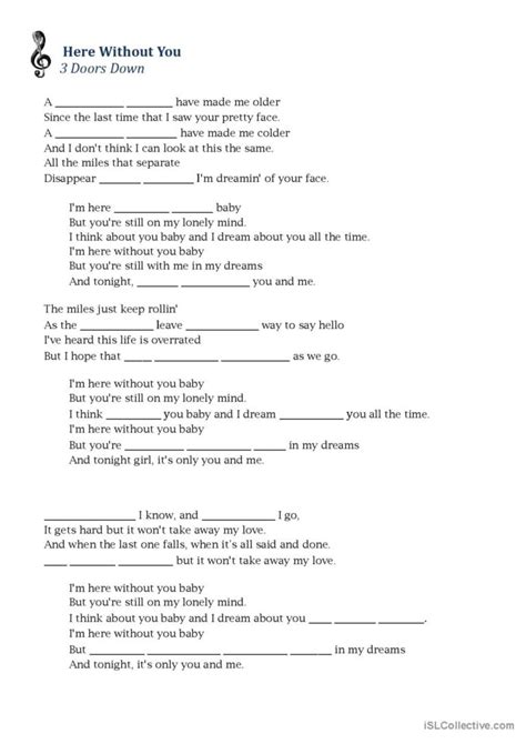 3 Doors Down Here without you warmer…: English ESL worksheets pdf & doc