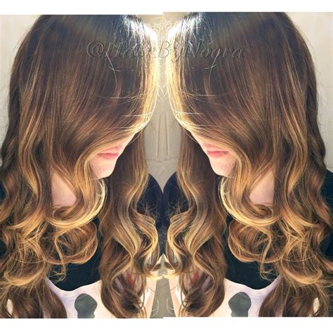 Caramel Light Golden Brown Hi Lites Ombr Sombre Balayage Wavy Layer