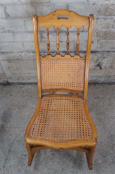 Antique Early American Maple Spindle Back Rocking Chair Cane Seat