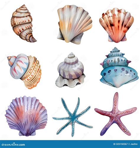 Set Of Seashells Isolated On White Background Watercolor Illustration