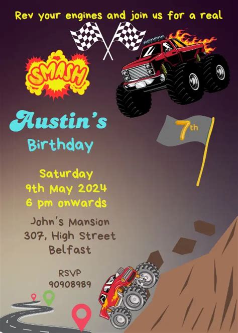 Monster Truck Birthday Invitation Template Birthday Invitation Card