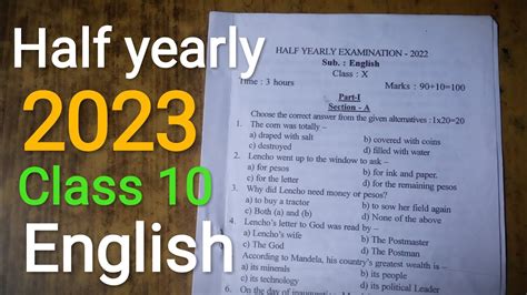 Class Half Yearly English Question Paper Seba Board Youtube