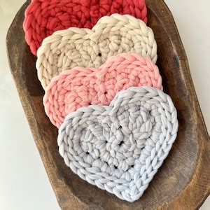 Crochet Heart Coaster Set Of 2 Or 4 Chunky Farmhouse Valentine Day