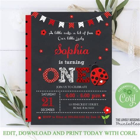 Ladybug Editable Invitation Ladybug First Birthday Ladybug Etsy