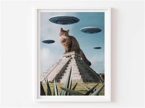 Alien Cat Art Print Ufos Mexican Pyramid Surreal Artwork Cat Decor