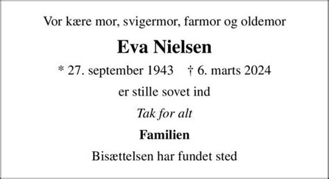 Eva Nielsen Dødsannoncer I Danmark