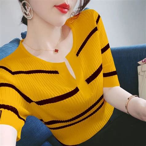 Chemise Femme Yellow Col Demi Ouvert Imprimée Rayée Manches