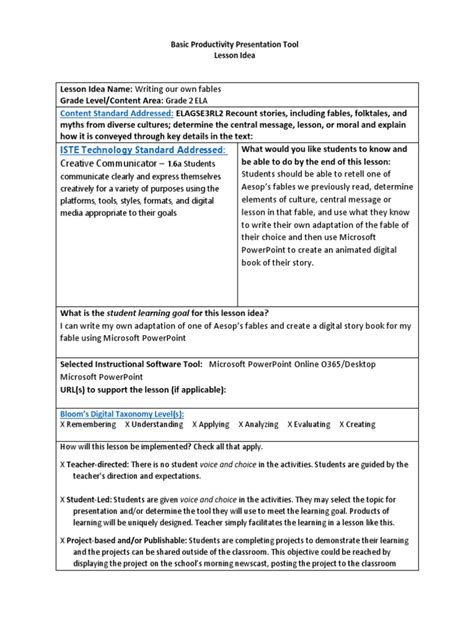 Bpt Lesson Idea Brittany Shields Pdf Microsoft Power Point Fable